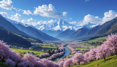A stunning valley vista unfolds under a brilliant blue sky, showcasing snow-capped mountains and
