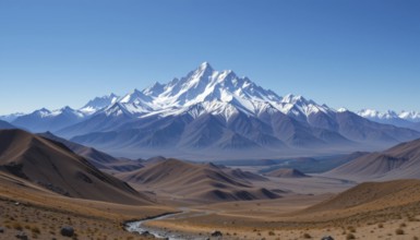 A stunning landscape featuring towering snow-capped mountains dominating a valley under a clear