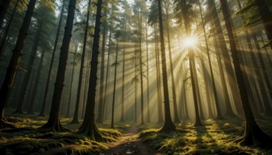 A beautiful forest scene with tall trees and sunlight streaming through the canopy. A serene and
