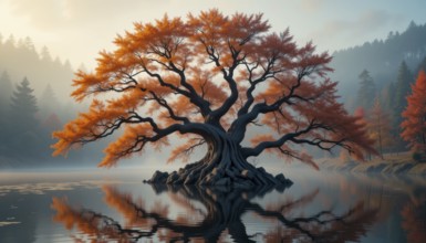 A captivating autumn scene with a vibrant tree reflected in serene water, creating a peaceful