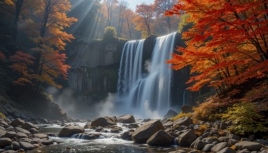 Stunning waterfall cascades amidst vibrant autumn foliage. Sunlight streams through the trees,
