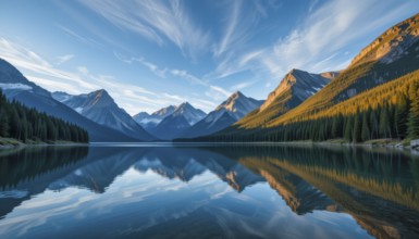 A serene landscape of mountains and a lake mirroring the sky's reflection. The image captures the