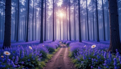 A serene forest scene featuring a path winding through vibrant lavender fields, bathed in a soft,