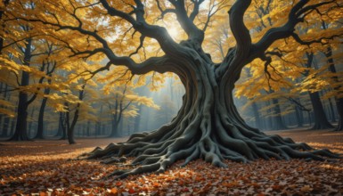A majestic, ancient tree stands in a vibrant autumn forest, its massive roots spread across the
