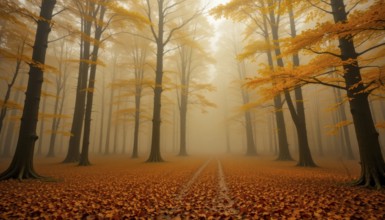 An enchanting autumn forest bathed in a warm, atmospheric fog, with fallen leaves blanketing the