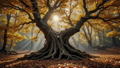 A majestic tree stands in a forest, bathed in the golden light of autumn. The sunlight filters