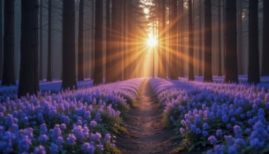 A sunlit path winds through a forest of tall trees, surrounded by vibrant purple flowers, creating