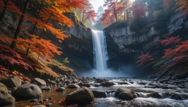 A breathtaking waterfall cascades amidst vibrant autumn foliage, surrounded by lush forest and