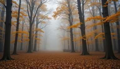 A serene autumn forest shrouded in mist. Golden leaves adorn the trees and forest floor, creating a