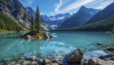 A stunning landscape featuring a pristine turquoise lake surrounded by majestic mountains under a