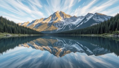 Stunning landscape featuring a mountain range reflected in a tranquil lake, framed by lush