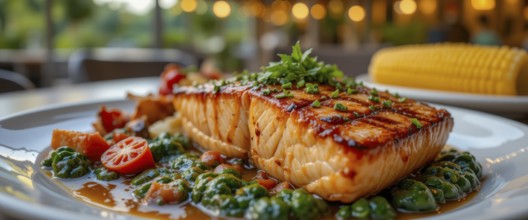 A delicious plate of grilled salmon with a side of vegetables and corn, a perfect dinner, AI