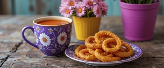 A close-up shot of a mug of soup, onion rings, and flowers on a wooden table, AI generated
