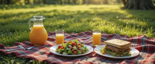 A delightful picnic scene in a sunny park, featuring a plaid blanket spread with food and drinks