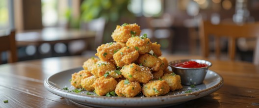 A delicious serving of fried food, presented artfully on a plate, ready to be enjoyed at a