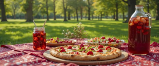 A picturesque picnic scene set in a park, featuring pizza, fruit-infused drinks, and a vibrant