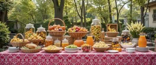 A beautifully arranged outdoor buffet table laden with various fruits, juices, and snacks, perfect
