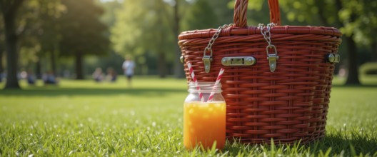 A refreshing picnic scene in a sunny park, featuring a basket, juice, and lush green grass, AI