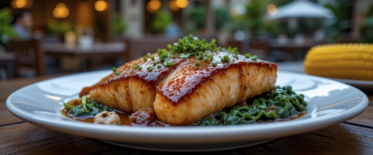 A beautifully plated salmon fillet rests atop a bed of spinach, garnished with fresh herbs, with a