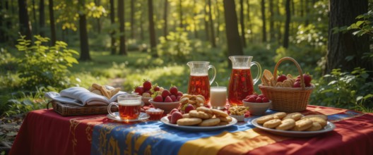 A vibrant picnic scene set in a sun-dappled forest. Delicious food and drinks are laid out on a