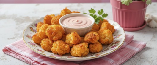 A plate of golden-brown, crispy cauliflower bites served with a creamy dipping sauce, perfect for a