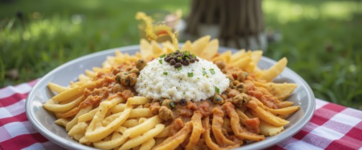 A close-up shot of a plate of fries and risotto, served in an outdoor setting, AI generated