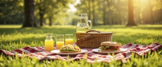 A delightful picnic scene set on a sunny day in a park. Features sandwiches, juice, and a basket on