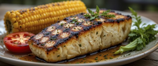 Grilled fish steak with grilled corn and sliced tomato on a plate, a delicious and healthy meal, AI