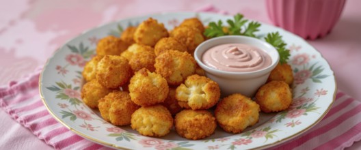 Delicious golden-brown fried cauliflower bites served on a vintage plate with a creamy dipping