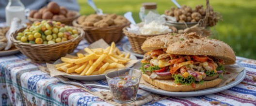 A delightful picnic spread featuring a gourmet burger, golden fries, various fruits and snacks on a