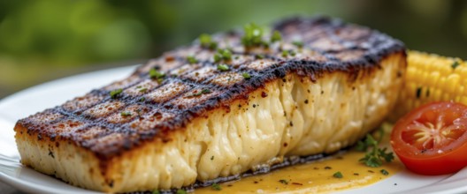 A perfectly grilled fish steak is served with corn and a tomato slice, showcasing a delicious meal