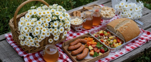 A delightful picnic scene with daisies, sausages, bread, and honey. Perfect for outdoor dining and
