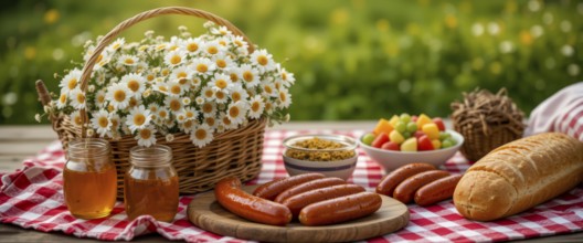 A delightful picnic scene with a basket of daisies, grilled sausages, fruit, and bread, on a