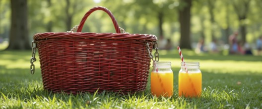 A red picnic basket with two orange drinks on the grass, with a blurred background of trees and