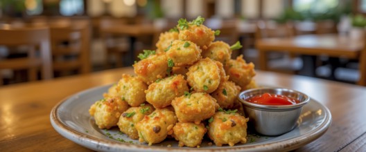 A close-up shot of delicious, golden-brown fried food, beautifully presented on a plate with a side