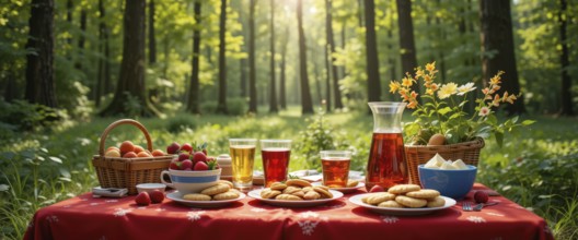 A vibrant picnic setup in a sunny forest clearing. A red tablecloth is laden with food, including