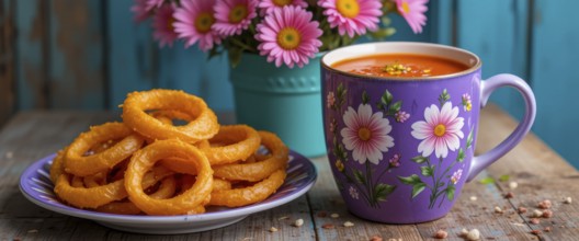 A delightful composition featuring onion rings, a floral-decorated mug with soup, and vibrant pink
