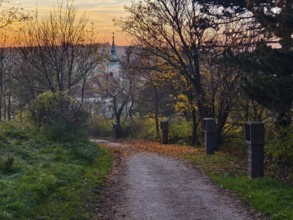 Cobbled path lined with trees leading to a church at sunset Pilgrimage church Oberleis Weinviertel