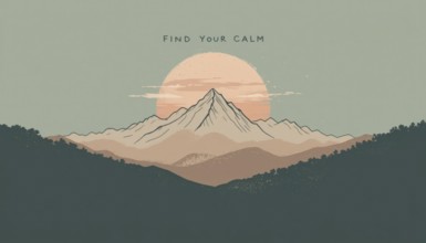 A serene illustration of mountains and a setting sun, conveying a message of tranquility and