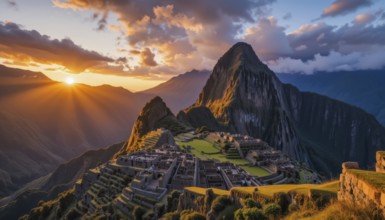 Majestic view of Machu Picchu, an ancient Inca citadel, at sunrise. The golden light bathes the