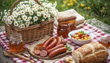 A delightful picnic scene unfolds with daisies, sausages, honey, bread, and a colorful salad on a