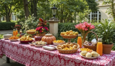 An outdoor buffet table is laden with various treats, pumpkins, and flowers, set against a backdrop