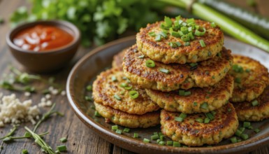 A close-up shot of a stack of delicious, golden-brown veggie cakes topped with fresh green onions,
