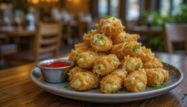 A close-up shot of a plate of fried, cheesy appetizers with a side of dipping sauce, set on a