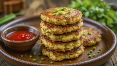 A close-up shot features a stack of golden-brown patties garnished with chives and served with a