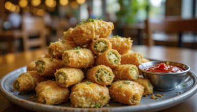 A close-up shot of a pile of fried appetizers, served with a side of ketchup. The restaurant