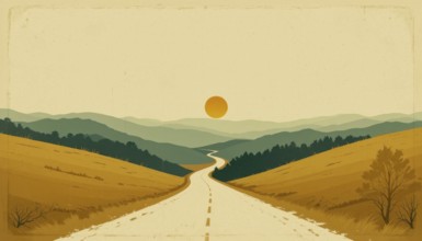 An illustration of a winding road through a valley towards a sunset. The image has a vintage,
