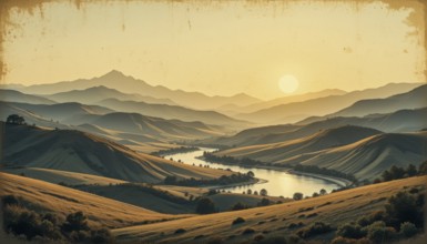 A stunning vista of rolling hills and a winding river, bathed in the warm glow of a sunrise,