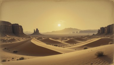A vast desert landscape at sunset, with towering rock formations and rolling sand dunes under a