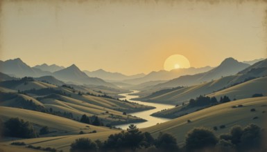 A scenic landscape featuring a winding river, rolling hills, and a majestic sunset. It's a serene,